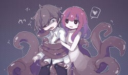 1boy 1girl :d @_@ absurdres ahoge bare_shoulders bdsm black_eyes black_pantyhose brown_background brown_eyes brown_hair collared_shirt colored_skin commentary_request completely_nude crying crying_with_eyes_open dark_skin femdom flat_chest grabbed_by_tentacles grabbing_another's_arm grabbing_another's_penis heart heart-shaped_pupils highres light_blush long_hair looking_at_viewer looking_down monster_girl multicolored_skin navel nipples nude original pantyhose partially_unbuttoned polka_dot polka_dot_background pussy pussy_juice red_hair red_pupils scylla sekai_kaimetsu shaking shirt short_hair sidelocks slime_(substance) smile spoken_hand suggestive_fluid sweat sweatdrop symbol-shaped_pupils tears tentacle_hair tentacle_in_mouth tentacles tentacles_on_male two-tone_skin worried