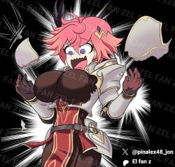anime anime_girl anime_style background big_breasts eva_(guardian_tales) female guardian_tales knight knight_armor knight_captain_eva_(guardian_tales) perfect_body pink_hair purple_eyes scared scared_expression scared_face scared_female solo tight_clothing video_games