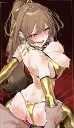 1boy 1girl absurdres alternate_costume anus ass bar_censor bikini bikini_bottom_aside blush bouncing_breasts breasts brown_hair censored clothes_pull clothing_aside commentary earrings elbow_gloves furen_e_lustario gloves gold_bikini gold_earrings gold_gloves gold_thighhighs hair_ribbon heart heart-shaped_pupils hetero high_ponytail highres jewelry kurotsuki_machi large_breasts long_hair looking_back nijisanji nipples open_mouth ponytail raised_eyebrows red_eyes revision ribbon saliva sex sound_effects swimsuit symbol-shaped_pupils teeth textless_version unaligned_breasts virtual_youtuber