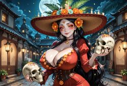 ai_generated amber_eyes big_ass big_breasts big_butt black_hair blush blushing cleavage costume creamhorseai curvy curvy_female curvy_figure day_of_the_dead deep_cleavage dia_de_los_muertos erect_nipples female female_only fit fit_female hair_ornament high_resolution highres holding_skull holidays horny horny_female horror_(theme) hourglass_figure huge_ass huge_breasts la_muerte latina light-skinned_female long_dress long_hair makeup mascara mature mature_female mexican_female mommy mommy_kink orange_eyes outdoors pale-skinned_female pale_skin perfect_body posing public public_nudity red_dress seductive seductive_look sombrero sweat sweating sweaty sweaty_body the_book_of_life thick_thighs undead voluptuous voluptuous_female