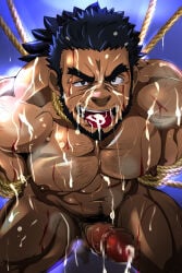 1boy abs after_oral after_orgasm after_sex bara beard beefy biceps big_areola big_penis blue_background blue_hair breasts broad_shoulders censor_bar censored chest_hair collarbone completely_nude cum cum_covered cum_drip cum_everywhere cum_on_body cum_on_breasts cum_on_face cum_on_hair cum_on_leg cum_on_lower_body cum_on_penis cum_on_shoulder cum_on_tongue cum_on_upper_body cum_splatter cum_string daddy dark_penis dark_skin dilf doro_rich drooling erection excessive_cum foreshortening foreskin foreskin_folds forked_eyebrows frown gay hands_behind_back hi_res huge_cock hungry_mouth hunk kneeling long_hair looking_at_viewer looking_pleasured looking_up low-angle_view male male_breasts male_only manly mature_male moobs mosaic_censoring muscular muscular_arms muscular_legs muscular_male muscular_neck muscular_thighs nude panting pecs penis pointless_censoring pubic_hair quadriceps red_glans restrained restrained_arms retracted_foreskin rope rope_around_neck rope_bondage saliva saliva_trail sandayu_(tokyo_afterschool_summoners) semen sticky_cum sweat sweatdrop sweating sweaty thick thick_arms thick_cum thick_eyebrows thick_legs thick_penis thick_thighs tied tied_hair tokyo_afterschool_summoners tongue_out topless tough_guy yaoi