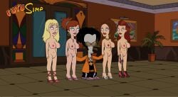 alien american_dad blonde_hair brunette clothed_male clothed_male_nude_female earrings edit eyeshadow futusimp high_heels jewelry lipstick multiple_girls naked_female necklace nipples nude red_hair red_lipstick roger_smith shaved_pussy