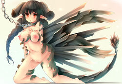 :o black_hair braid breasts broken_horn chains choker dragon_girl female highres looking_at_viewer midriff navel nude orange_eyes personification pointy_ears pussy redox_dragon_ruler_of_boulders silyouta1120 tail wings yu-gi-oh!