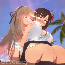 2girls 3d 3d_animation animated artist_name asuka_(senran_kagura) audible_music bikini bikini_under_clothes black_hair black_skirt blonde_hair blue_ribbon blue_sky blush breast_expansion breasts breasts_out brown_eyes cheek_press closed_mouth commentary english_commentary feet_out_of_frame female female/female flower grabbing_another's_breast grabbing_from_behind green_eyes groping gtscasey hair_flower hair_ornament heart heart_in_eye highres katsuragi_(senran_kagura) large_breasts licking_lips long_hair looking_at_another looking_at_breasts looking_down merura_(voice_actor) misuzugon_(voice_actor) multiple_girls nose_blush outdoors palm_tree partially_unbuttoned pleated_skirt ribbon senran_kagura shirt sitting skirt sky smile sound striped_bikini striped_clothes swimsuit symbol_in_eye tagme tongue tongue_out tree video white_shirt yuri