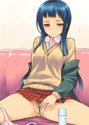 aaru_(tenrake_chaya) blue_hair blush censored couch female flying_sweatdrops highres jacket orange_eyes panties panties_around_leg pointless_censoring pubic_hair pussy pussy_juice razor school_uniform sitting skirt solo spread_legs sweatdrop sweater tendouji_musubi tokyo_7th_sisters underwear