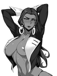 african african_female allegro_(artist) areolae arms_up black_beat black_female black_women blush breasts curvy dark-skinned_female dark_nipples dark_skin earrings erect_nipples female gundam gundam_g_no_reconguista large_breasts lipstick long_hair makeup mashner_hume melanin monochrome navel nipples open_clothes solo sweat underwear undressing