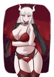 big_breasts breasts_bigger_than_head demon_girl female female_only helltaker jacket jacket_on_shoulders lingerie looking_at_viewer lucifer_(helltaker) red_eyes red_lingerie smile tail thick_thighs white_hair