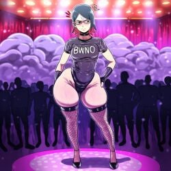1girl ai_generated annoyed ass_focus audience big_ass black_hair blacked blacked_clothing bodysuit bubble_butt bustybunz choker crowd curvy elbow_gloves fishnet_stockings fishnets glasses high_heels highleg_leotard huge_ass naruto_(series) red_hair sarada_uchiha short_hair solo stage tagme text_on_clothing thick_thighs thighhighs tight_clothing uchiha_sarada voluptuous wide_hips