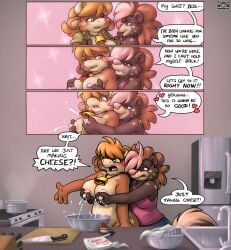 2022 absurd_res anthro appliance areola bedroom_eyes bess_(nanimoose) big_breasts bite biting_lip bodily_fluids bovid bovine breast_milking breasts brown_body brown_fur brown_hair cattle clothed clothed_anthro clothed_female clothing comic cowbell dialogue digital_drawing_(artwork) digital_media_(artwork) duo eclair_(nanimoose) english_text female female/female fridge fur hair hi_res humor kitchen kitchen_appliance lactating mammal mephitid milk nanimoose narrowed_eyes nipples nude nude_anthro nude_female pink_areola pink_clothing pink_nipples pink_nose pink_shirt pink_tank_top pink_topwear romantic seductive shirt skunk slightly_chubby slightly_chubby_anthro slightly_chubby_female speech_bubble standing stove tail talking_to_another talking_to_partner tan_body tan_fur tank_top text topwear undressing_another yellow_eyes