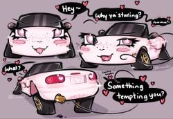 <3 1girl 1girls 2d 2d_(artwork) :3 anthro ass ass_focus blushing body_modification car car_fetish civicidal cum dialogue digital_media_(artwork) eyelashes female female_only headlight_eyes headlights heart-shaped_pupils horny horny_female living_car living_machine living_object living_vehicle mazda mazda_miata mazda_mx-5 objectum oil oil_cum oil_spill pink_body shaking_ass shaking_butt tagme_(character) teasing teasing_viewer text thick_eyelashes tongue_out tramp_stamp turned_on twitter vampire_teeth