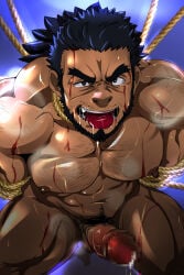 1boy abs bara beard beefy biceps big_areola big_penis blue_background blue_hair breasts broad_shoulders censor_bar censored chest_hair collarbone completely_nude daddy dark_penis dark_skin dilf doro_rich drooling erection foreshortening foreskin foreskin_folds forked_eyebrows frown gay hands_behind_back hi_res huge_cock hungry_mouth hunk kneeling long_hair looking_at_viewer looking_up low-angle_view male male_breasts male_only manly mature_male moobs mosaic_censoring muscular muscular_arms muscular_legs muscular_male muscular_neck muscular_thighs nude panting pecs penis pointless_censoring pubic_hair quadriceps red_glans restrained restrained_arms retracted_foreskin rope rope_around_neck rope_bondage saliva saliva_trail sandayu_(tokyo_afterschool_summoners) sweat sweatdrop sweating sweaty thick thick_arms thick_eyebrows thick_legs thick_penis thick_thighs tied tied_hair tokyo_afterschool_summoners tongue_out topless tough_guy yaoi