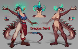 2026 accessory adopts anthro areola asymmetrical_horns bag bard belt big_breasts big_tail blue_eyes boots bottomwear bracelet breasts brown_body clothed clothing digital_media_(artwork) dragon facial_piercing female footwear furgonomics genitals gloves glowing glowing_horn handwear hi_res horn huge_breasts jewelry lip_piercing looking_up mammal model_sheet mythological_creature mythological_scalie mythology nipples notes nude open_mouth pants piercing scales scalie scarlet_side shoes simple_background solo tail tail_accessory tail_bag text thick_thighs tongue tongue_out topwear white_body