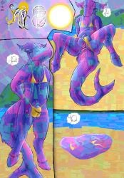 anthro anus balls barely_visible_genitalia barely_visible_penis beach bikini bikini_aside blue_body bodily_fluids bubble bulge clothing clothing_aside comic dripping eyes_closed genitals golden_week goo_creature goo_humanoid hair heat_(temperature) hi_res hooves horn humanoid long_hair lying male melting mostly_nude mountain on_back penis pubes puddle sea shark_tail solo solo_focus standing sun sweat swimwear swimwear_aside text two-piece_swimsuit water yhr'ytr