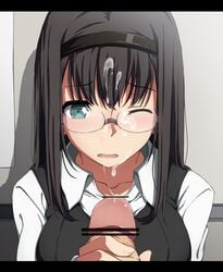 black_hair blue_eyes censored cum cum_string facial female glasses handjob headband male nagioka_(sblack) open_mouth penis pov sblack wince