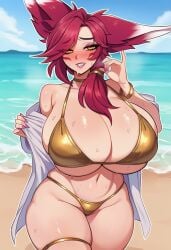 xayah league_of_legends riot_games tencent 1girls solo gold_bikini bikini red_hair yellow_eyes animal_ears vastaya whisker_markings lips blush half-closed_eyes handjob_gesture seductive looking_at_viewer choker side_ponytail breasts large_breasts huge_breasts sweat shiny_skin thighs thick_thighs shirt ocean beach outdoors nai_diffusion stable_diffusion ai_generated