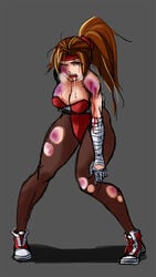 abuse abused beaten black_eye blood breakers brown_eyes brown_hair defeated female headband injury ishu_(ljcwer) leotard pantyhose ponytail ryona simple_background sneakers solo tia_langray tied_hair torn_pantyhose wince wrist_wraps