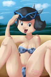 betty_rubble bikini black_eyes black_hair bow cleavage female female_only gokai-chibi hanna-barbera human lipstick solo sunglasses sunglasses_on_head the_flintstones thick_thighs tongue