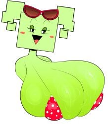 1girls big_breasts bikini_top black_eyes blush_stickers breasts bust_portrait female female_only green_body green_hair green_skin huge_breasts mario_(series) mimi_(super_paper_mario) ota_(artist) paper_mario pigtails simple_eyes simple_face solo super_paper_mario