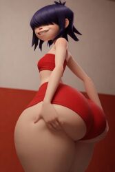 3d ai_generated asian ass bangs big_ass big_hips edit fat_ass female female_only gorillaz hair_over_eyes hand_on_ass head_turned holding_ass noodle_(gorillaz) pale_skin short_hair small_breasts small_waist smile smiling teeth thick_thighs tubetop yoga_shorts