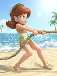 3d ai_generated bare_legs beach blue_eyes bra brown_hair energetic feet flipped_hair legs mario_(series) mario_kart mario_kart_world nintenart3d nintendo princess princess_daisy princess_daisy_(swimwear) sand sassy sea shorts swimsuit teeth tomboy young younger_female