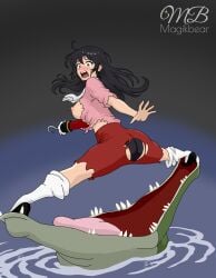 ascot black_hair black_high_heels captain_hook crocodile damsel_in_distress disney_villains embarrassed_female exposed_breasts fair_skin female female_only genderswap_(mtf) green_eyes hole_in_pants hook_hand magikbear peril peter_pan_(disney) pirate_girl rule_63 screaming shoes spread_legs stockings tick-tock tick_tock tick_tock_crocodile torn_clothes torn_pants torn_shirt villainess wardrobe_malfunction