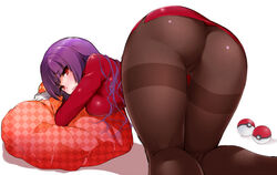 akira_(natsumemo) all_fours alternate_breast_size ass ass_focus big_breasts blush clothed dat_ass female female_only from_behind fully_clothed gloves human large_breasts long_hair looking_at_viewer looking_back nintendo pantyhose pillow poke_ball pokemon purple_hair red_eyes sabrina_(pokemon) shadow simple_background solo thigh_gap top-down_bottom-up white_gloves