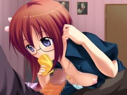 1boy 1girl 2000s_(style) after_fellatio aged_up blue_eyes blush breasts censored closed_mouth fumizuki_yukari game_asset glasses green_shirt hair_ornament hand_in_own_hair handkerchief hara_hara!! holding holding_handkerchief indoors jewelry long_hair mosaic_censoring necklace nipples non-web_source one_breast_out open_clothes open_shirt pants penis puffy_short_sleeves puffy_sleeves red_hair self-datamine sena_mirai_(hara_hara!!) shirt short_sleeves sitting small_breasts smile variant_set visual_novel_cg wiping_mouth