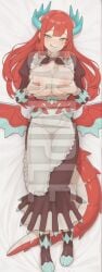 ai_generated tagme watermark hi_res highres high_resolution patreon sleeplessnighty yugioh kitchen_dragonmaid red_hair blue_eyes 1girls blush naughty_face dragon_girl tail wings lying lying_on_back full_body dakimakura breasts nipples clothing clothed cream_on_breasts