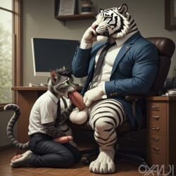 ai_generated animated anthro balls buff computer desk domestic_cat feline fellatio furry male male/male muscular muscular_male office oxandi penis penis_in_mouth realistic skinny tagme tiger video white_tiger