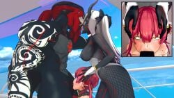 1boy 2girls blowjob breasts bunnysuit grimm_(rwby) half-dressed half_naked half_naked_female hands_on_head hololive hololive_japan houshou_marine indrick_(artist) kim_(arrancon_grimmed) monster monster_boy monster_cock monster_girl monster_on_female nude_male red_eyes red_hair red_hair_female rwby virtual_youtuber vtuber