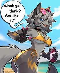 1female 1girls 2026 2d anthro anthro_female anthro_only ass beach beach_background big_ass big_breasts bikini bikini_bottom bikini_top biped blurry_background boobs breasts butt canid canine canis clawed_fingers collar ear_piercing english_text epic_games eyebrows_visible_through_hair eyelashes_visible_through_hair eyewear eyewear_on_head female female_anthro female_only finger_claws fingerpads fortnite fortnite:_battle_royale fur glasses glasses_on_head golden_bikini golden_week grey_body grey_fur grey_hair grey_hair_female heterochromia holding_object inner_ear_fluff looking_at_viewer looking_back looking_back_at_viewer mouth_open neckwear open_mouth pawpads peace_sign pierced_ears piercing praquina solo solo_anthro solo_female speech_bubble standing swimwear tail text tinted_eyewear tinted_glasses tits two-piece_swimsuit v_sign wolf wolf_ears wolf_girl wolf_tail wolfie_(fortnite)
