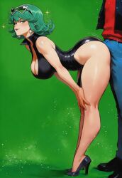 1boy 1girls ai_generated alternate_ass_size alternate_body_type alternate_breast_size alternate_costume ass ass_on_crotch bangs bare_shoulders bent_over big_ass big_breasts blush breasts cleavage clothing curly_hair curvy dress earrings eyelashes faceless_male female female_focus full_body glasses glasses_on_head green_background green_eyes green_hair half-closed_eyes hand_on_leg high_heels human jacket jeans jewelry large_ass large_breasts lips lipstick looking_at_viewer looking_to_the_side makeup male medium_hair minidress no_panties one-punch_man pinup realwaifuai revealing_clothes seductive shiny_skin shirt shoes side_view simple_background skimpy sleeveless smile solo_female solo_focus sparkles sunglasses sunglasses_on_head tatsumaki thick_thighs thighs voluptuous