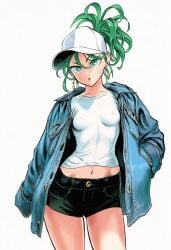 1girls 2d :o accurate_art_style accurate_body_type ai_generated alternate_costume alternate_hairstyle baseball_cap belly_button black_shorts blue_jacket breasts breasts_apart casual casual_clothes cel_shading clothed clothing collarbone covered_nipples cowboy_shot curly_hair denim denim_jacket denim_shorts earrings erect_nipples erect_nipples_under_clothes eyelashes facing_viewer female female_focus female_only front_view green_eyes green_hair green_shorts hand_in_pocket hat head_tilt headwear high_resolution highres hoop_earrings jacket jewelry light-skinned_female light_skin line_art long_sleeves looking_at_viewer manga_style midriff midriff_peek murata_yuusuke_(style) navel neutral_expression nipple_bulge nipples no_bra official_style one-punch_man open_clothes open_jacket open_mouth parted_lips perky_breasts petite ponytail shirt short_shorts shorts simple_background skin_tight skinny sleeves_past_fingers sleeves_past_wrists slender_body small_breasts solo solo_female solo_focus standing tatsumaki thighs tight_clothing tight_shirt tilted_head white_background white_hat white_headwear white_shirt