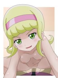 1boy 1girl blonde_hair border breasts censored clothed_male_nude_female collarbone completely_nude cowgirl_position flipped_hair foreshortening goha_yuuna green_eyes hairband head_tilt indoors long_hair looking_at_viewer mosaic_censoring navel nipples nude open_mouth outside_border penis pink_hairband pink_shirt pov seductive_smile shirt smile solo_focus squatting_cowgirl_position straddling ueto_mirun vaginal white_border yu-gi-oh! yu-gi-oh!_go_rush!!