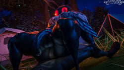 2boys anal anal_penetration anthro arthropod black_body campfire camping camping_tent clothing cryptid dark-skinned_male duo flaccid flaccid_while_penetrated footwear footwear_only gay genitals glowing glowing_eyes grass hi_res holding_leg human human_on_anthro insect interspecies jaiblizz lepidopteran looking_back lying male male/male male_human/male_monster mammal monster mostly_nude moth mothman night on_back outside outside_sex penetration penile penile_penetration penis penis_in_ass plant red_eyes riding sex shoes shoes_only tree yaoi