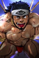 1boy abs bara beard beefy biceps big_areola big_bulge blue_background blue_hair breasts broad_shoulders bulge bulge_through_clothing chest_hair collarbone daddy dark_skin dilf doro_rich drooling frown fundoshi fundoshi_only gay hands_behind_back hi_res hungry_mouth hunk kneeling long_hair looking_at_viewer looking_up low-angle_view male male_breasts male_only manly mature_male moobs muscular muscular_arms muscular_legs muscular_male muscular_neck muscular_thighs ninja_headband panting pecs quadriceps red_fundoshi restrained restrained_arms rokushaku_fundoshi rope rope_around_neck rope_bondage saliva saliva_trail sandayu_(tokyo_afterschool_summoners) sweat sweatdrop sweating sweaty thick thick_arms thick_eyebrows thick_legs thick_thighs tied tied_hair tokyo_afterschool_summoners tongue_out topless tough_guy yaoi