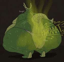 animate_inanimate anthro asylum_demon big_butt bodily_fluids butt clothed clothing clothing_transformation dark_souls demon dialogue digital_media_(artwork) duo english_text fart fart_cloud fart_fetish fromsoftware hi_res horn huge_butt inanimate_transformation living_underwear male obese overweight overweight_male simple_background snuggydoug sound_effects tail text thick_thighs transformation underwear underwear_transformation wearing_clothing_character