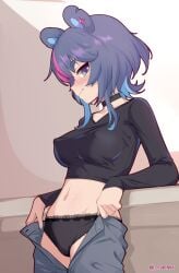 1girls animal_ears artist_name bear_ears bear_girl belly_button black_panties blue_eye blue_hair blush chenki choker female female_only fujikura_uruka light-skinned_female light_skin looking_at_viewer nipple_bulge nose_blush panties pants phase_connect phase_origins removing_pants solo thick_eyebrows unbuttoned unbuttoned_pants virtual_youtuber