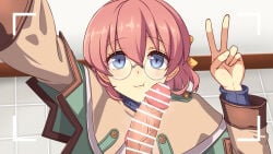1boy 1girl bar_censor blue_eyes censored cheek_poking commentary_request dorothy_hyatt eiyuu_densetsu erection freckles glasses highres hou_(hachiyou) looking_at_viewer penis pink_hair poking poking_with_penis pov recording selfie short_hair smile sora_no_kiseki trails_in_the_sky v