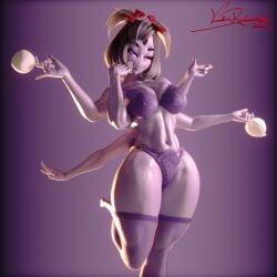 vermilionrenderworks muffet spider_girl undertale undertale_(series) bysamzan looking_at_viewer big_breasts thick_thighs lingerie stockings teapot pose posing