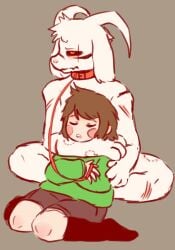 artist_request asriel_dreemurr bite_mark chara chasriel female_chara femdom leash_and_collar leashed malesub scratch_marks undertale undertale_(series)