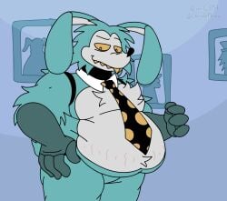 4_fingers animated animated_gif animatronic animatronic_male belly belly_slap belly_slapping big_belly blue_body blue_fur bon_(showstoppers_incorporated) bon_(the_walten_files) chrissophrase clenched_eyes clenched_teeth fat fingers frame framed_picture fur gif half-closed_eyes male_only moobs mostly_nude non-human non-human_only overweight robot showstoppers_incorporated the_walten_files tie