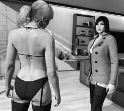 2girls 3d 3dcg ass ass_focus bare_shoulders earrings edited_screencap emotionless_female expressionless female_only femsub game_cg grand_theft_auto grand_theft_auto_online greyscale gta_online_female_character jhabicht91 large_ass lesbians lingerie low_resolution lowres rockstar_editor source_request standing wide_hips yuri