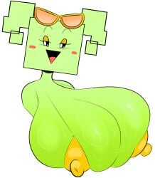 1girls big_breasts bikini_top black_eyes blush_stickers breasts bust_portrait female female_only gold_bikini green_body green_hair green_skin huge_breasts mario_(series) mimi_(super_paper_mario) nipple_bulge nipple_outline nipple_slip ota_(artist) paper_mario pigtails simple_eyes simple_face solo super_paper_mario
