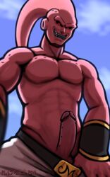 1boy abs anthro balls clothing dragon_ball dragon_ball_z erection half-dressed looking_down majin_buu male male_only manly muscles open_mouth outside pants pecs penis plus5pencil sharp_teeth smile solo standing super_buu tongue_out