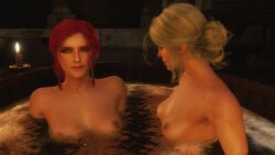 2019 2girls 3d bath bathing breasts cd_projekt_red ciri female nipples red_hair small_breasts the_witcher_(series) the_witcher_3:_wild_hunt tkone triss_merigold white_hair