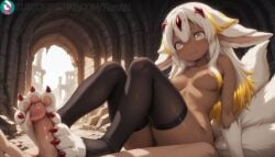 faputa made_in_abyss nail_polish dark_skin toenail_polish breasts nipples animal_ears sweat feet smile tail sitting dark-skinned_female thighhighs footjob long_hair white_hair nude small_breasts toes rating:explicit sharp_toenails wet 1boy blush barefoot penis looking_at_viewer dog_ears 1girls ai_generated artist_name artist_signature hi_res high_resolution highres kurutai subscribestar subscribestar_username uncensored