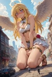 ai_generated angel angel_wings blush bracelet covering_crotch crop_top embarrassed female female_only frills frilly_skirt from_below giantess gladiator_sandals gold_trim halo panty_&_stocking_with_garterbelt panty_anarchy white_crop_top white_skirt wide-eyed