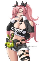 1girl :d amillion_(zenless_zone_zero) artist_name bangboo_(zenless_zone_zero) bare_shoulders black_ribbon black_shorts breasts cleavage clothing_cutout commentary cowboy_shot crop_top cutoffs hair_ornament hair_ribbon hairclip highres large_breasts long_hair looking_at_viewer midriff navel nicole_demara obosounds open_mouth pink_hair ribbon short_shorts shorts shoulder_cutout simple_background smile solo standing stomach strapless thighs tube_top twitter_username two_side_up very_long_hair white_background zenless_zone_zero
