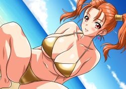 1girl beach bikini blue_sky breasts cloud commentary_request day dragon_quest dragon_quest_viii dutch_angle earrings female female_only gold_bikini highres horizon jessica_albert jewelry large_breasts long_hair looking_at_viewer ocean orange_hair outdoors parted_lips red_eyes sky smile solo squatting swimsuit twintails yuuyuu_(3jjbn)